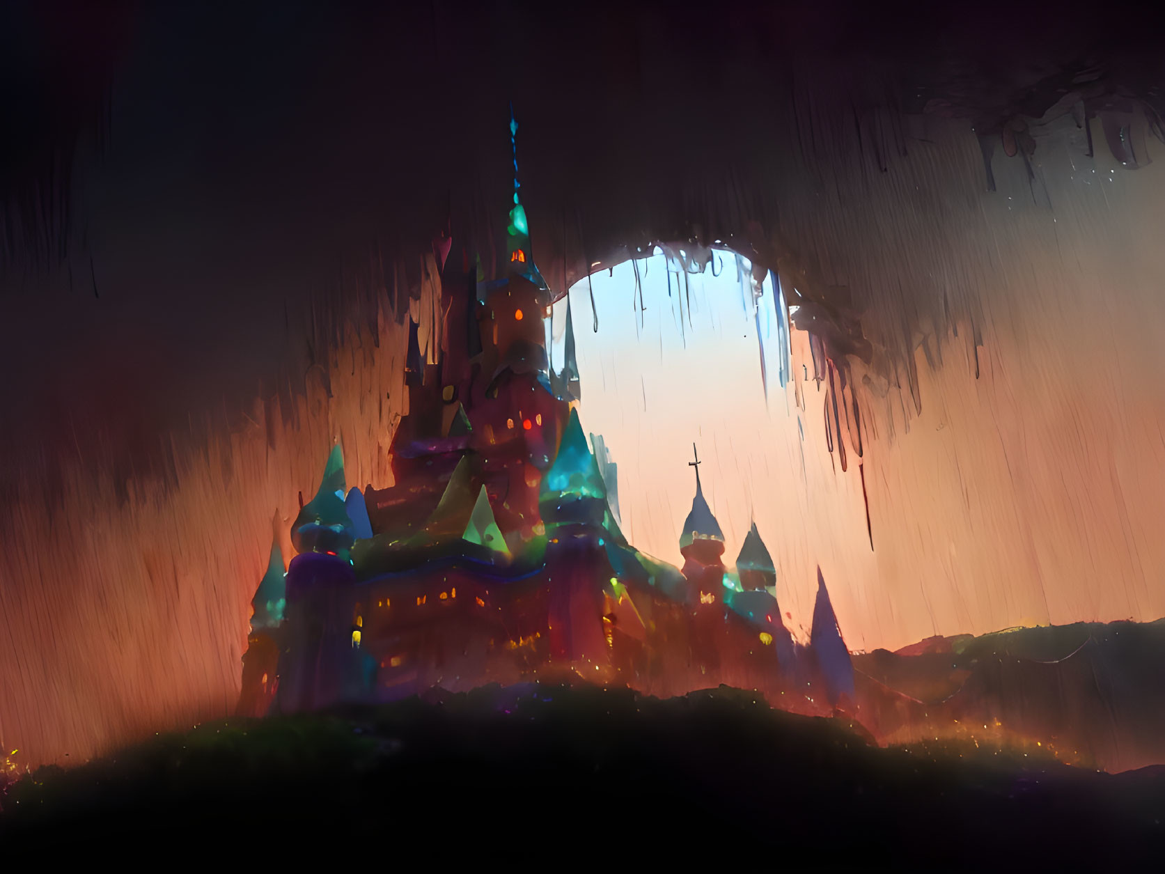 Colorful Castle Illuminated in Cave Silhouette Under Red Sky