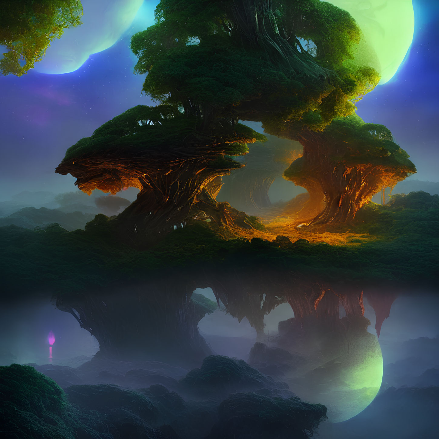 Fantastical landscape with glowing tree, reflective lake, and planets in starry sky