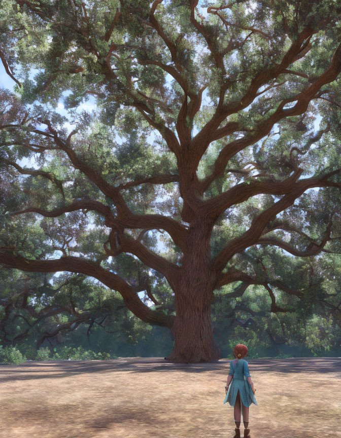 Person in Blue Coat Standing Beneath Sprawling Tree in Forest Clearing