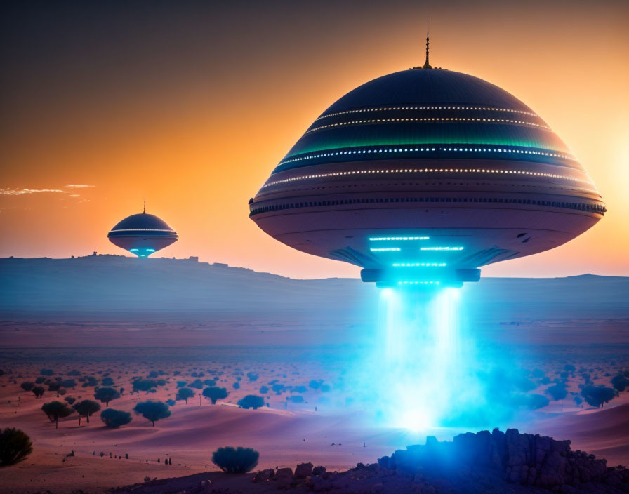 Futuristic UFO-like spacecrafts in desert landscape at sunset