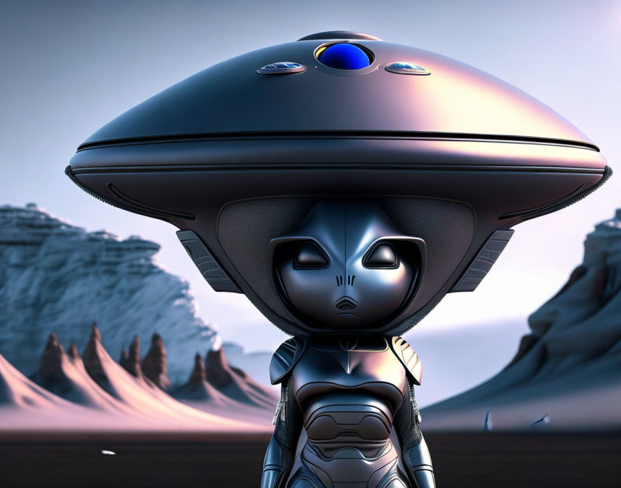 Futuristic humanoid robot under flying saucer in desert dusk