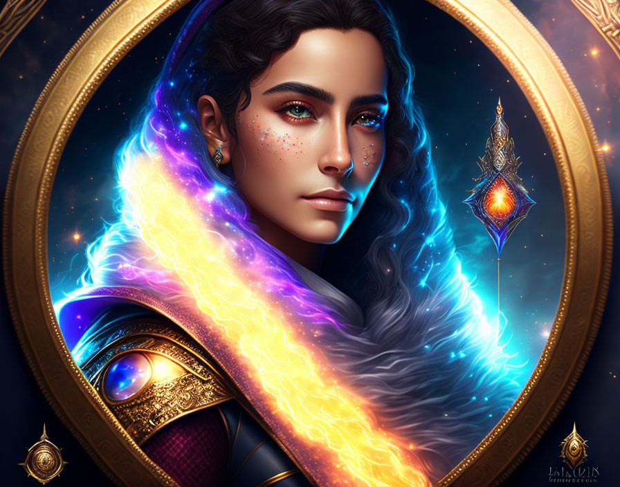 Cosmic-themed digital artwork with person in starry armor and nebulae cloak