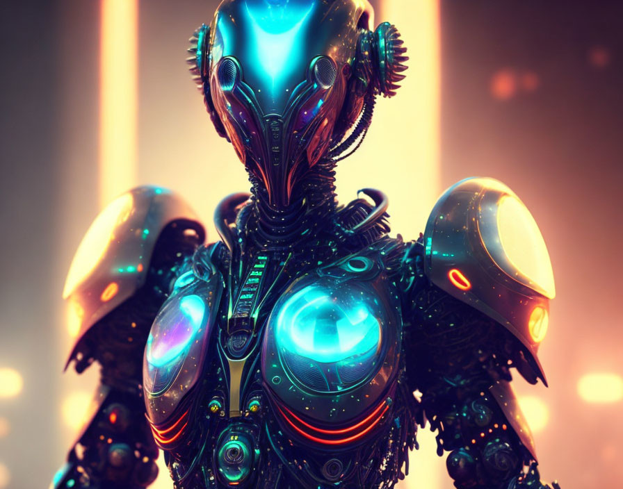 Futuristic robot with glowing blue lights and intricate mechanical details