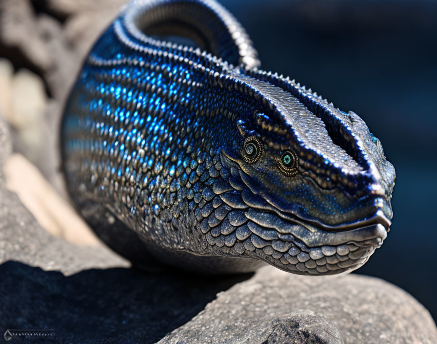 Blue serpent scale-model sculpture with textured skin and prominent eyes