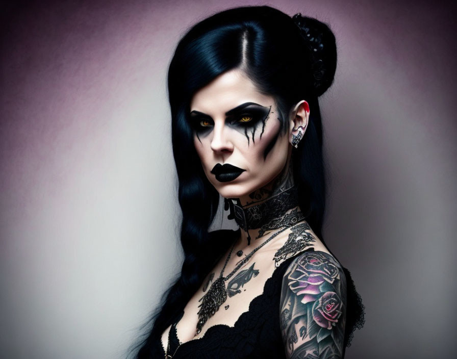 Gothic makeup woman with black hair and tattoos on purple backdrop