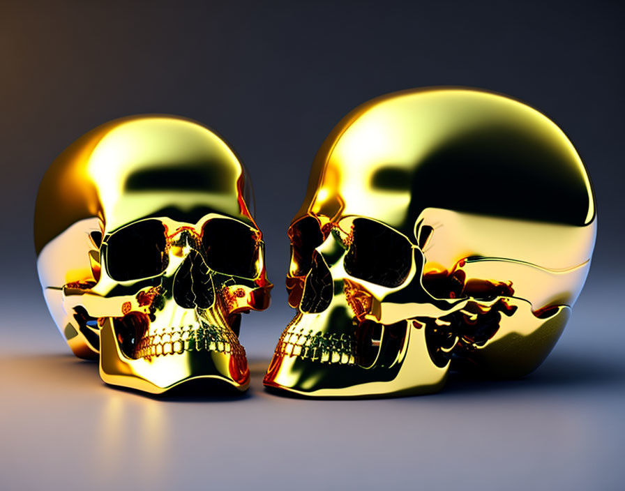 Glossy golden skulls on reflective surface with blue background