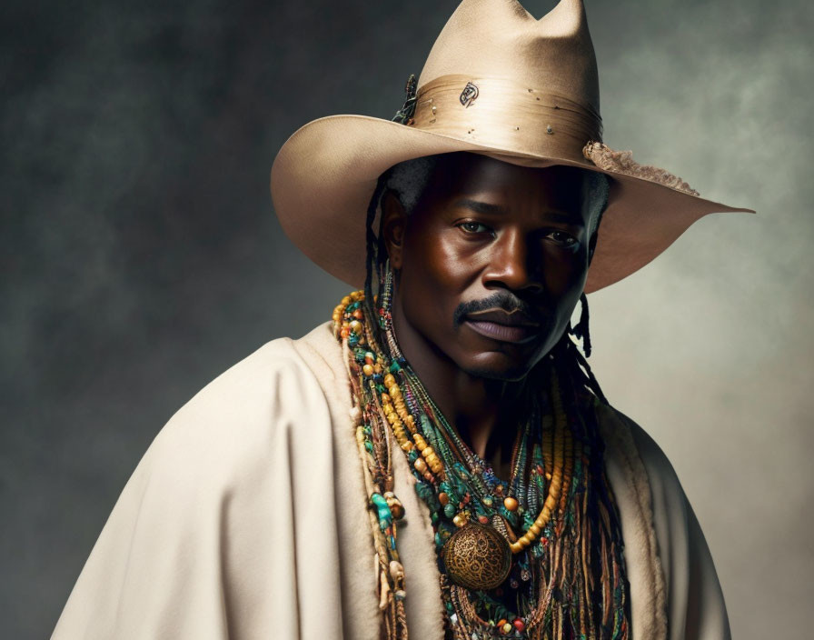 Cowboy hat man with layered necklaces and pendant in calm gaze.