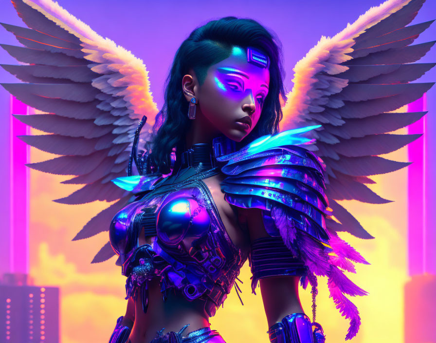 Futuristic female figure in cybernetic armor with mechanical wings & neon lights