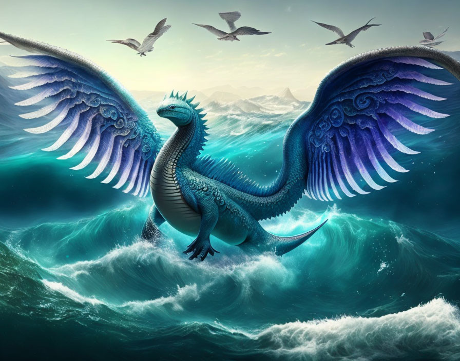 Blue dragon with expansive wings above teal ocean waves and soaring birds