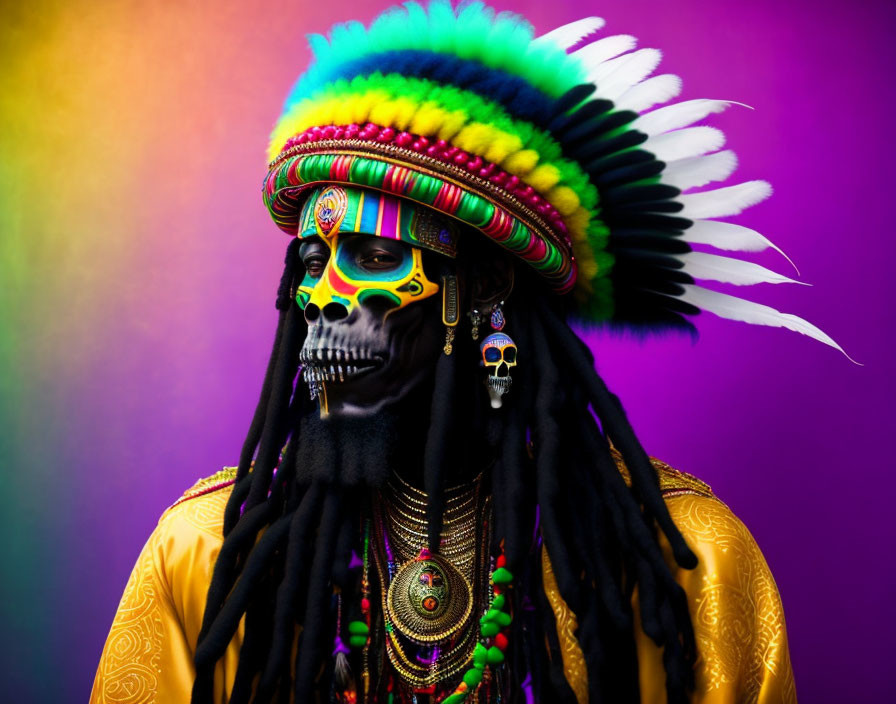 Colorful Headdress and Skull Face Paint Portrait on Purple Background