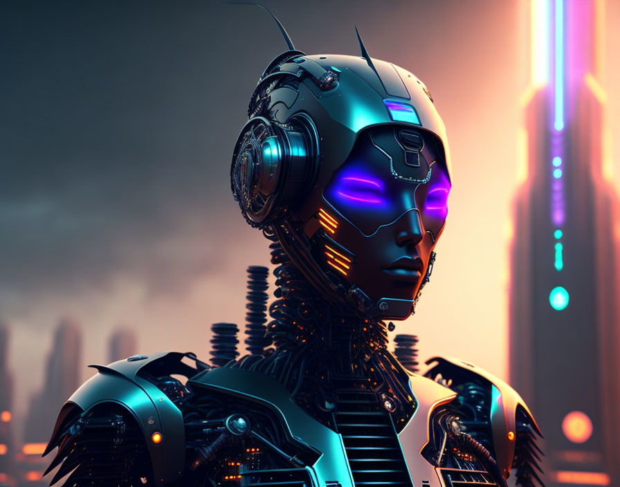 Detailed futuristic robot head with glowing purple eyes and intricate mechanics in neon-lit cityscape