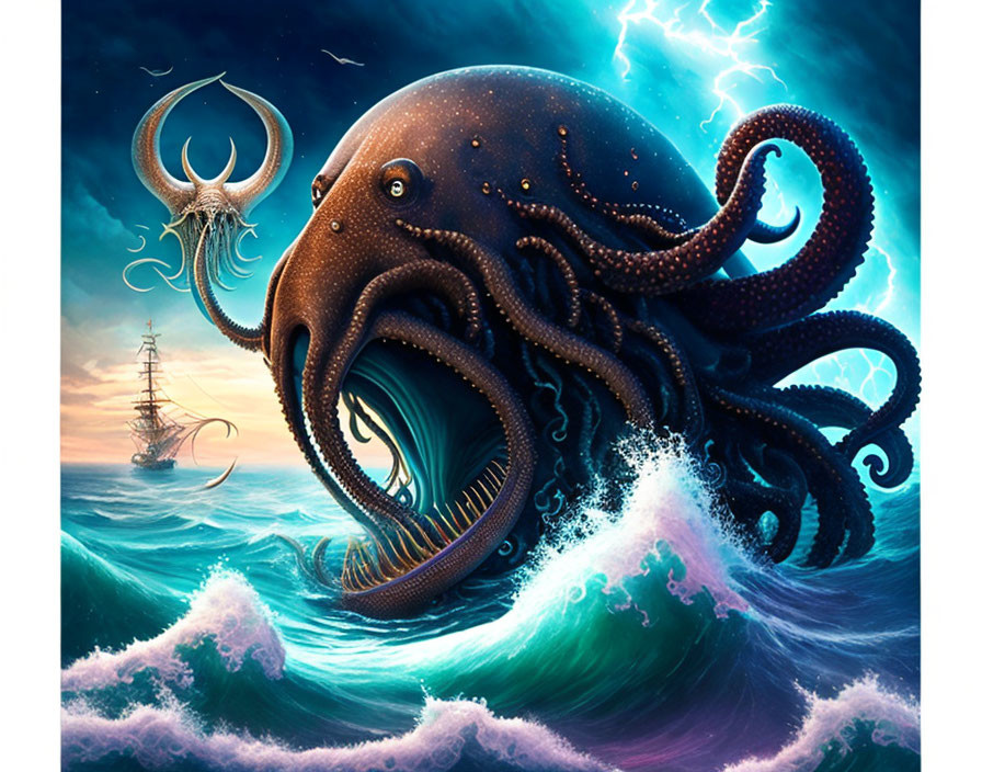 Enormous octopus and ship in stormy sea with glowing trident symbol