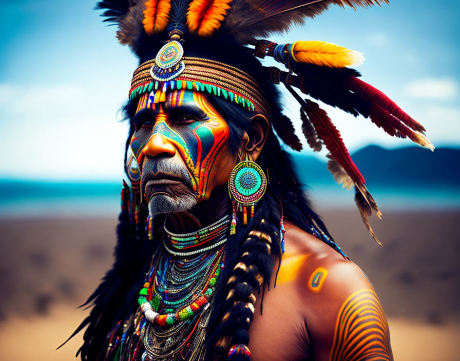 Man in Native American tribal makeup and headdress against desert backdrop