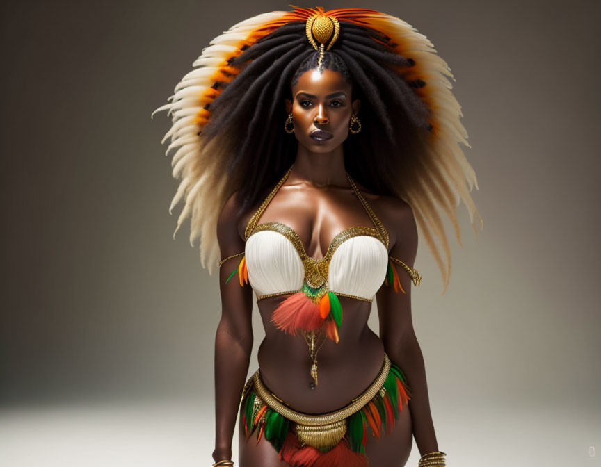 Regal woman in ornate headdress and gold jewelry pose against neutral backdrop