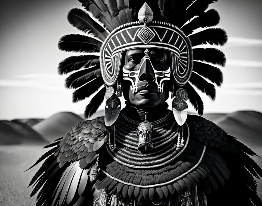 Monochrome portrait of person in feathered headdress and skull-like face paint.