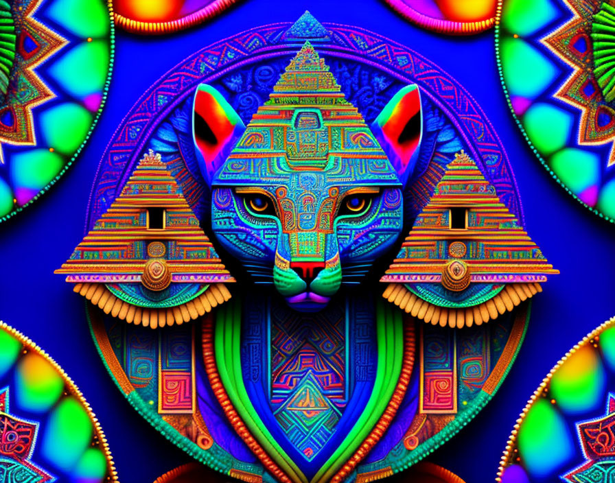 Symmetric fractal pattern of abstract Egyptian cat head in vibrant digital art