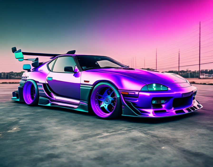 Iridescent Purple and Green Sports Car with Rear Wing and Body Kit under Pink Sunset Sky