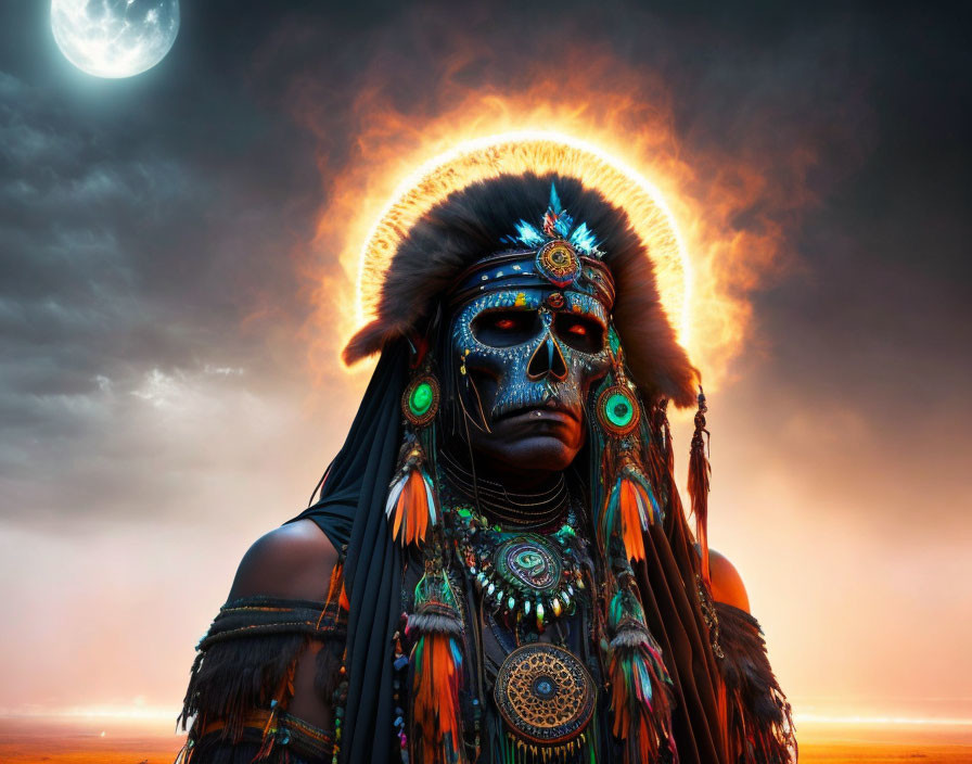 Elaborate Native American headdress against dramatic sky