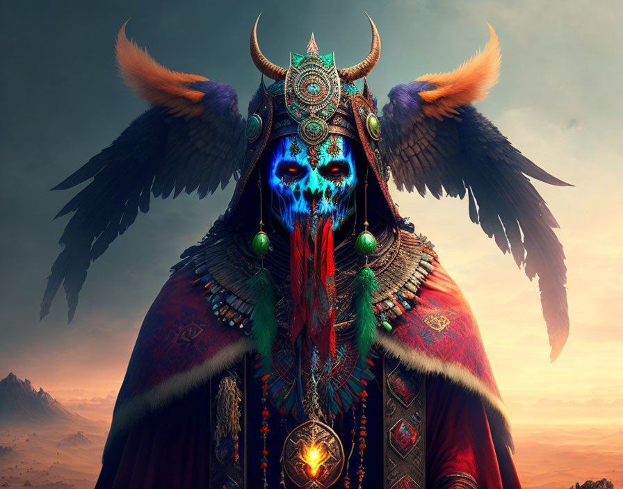 Glowing blue skull face and ornate headdress in dusky landscape