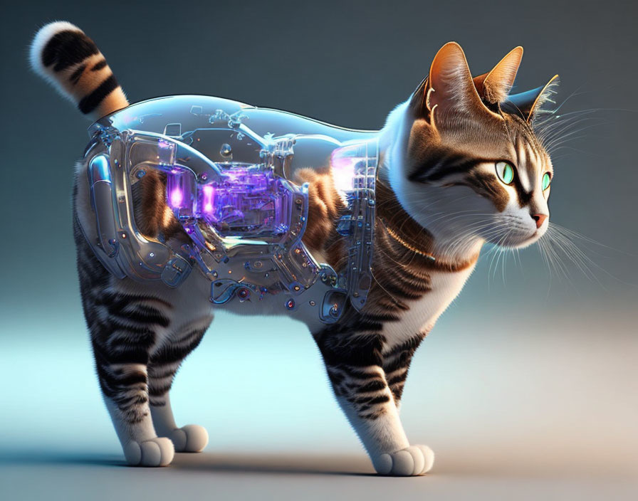 Tabby Cat with Transparent Mechanical Body and Purple Cybernetic Components