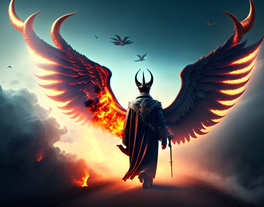 Fiery winged figure with sword under dramatic sky