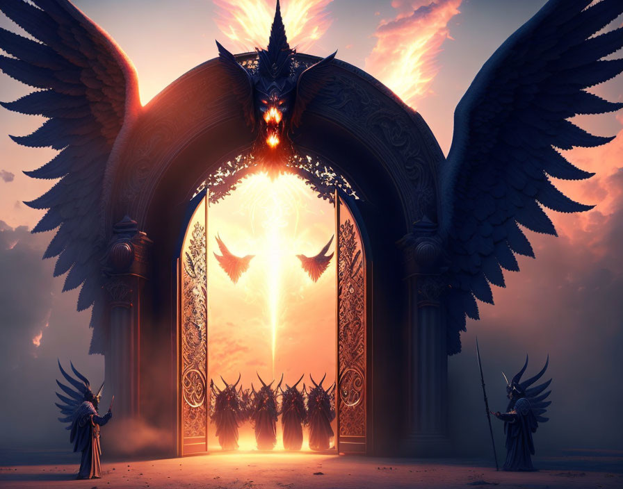 Fiery portal with angelic statues guarded by winged beings in otherworldly realm