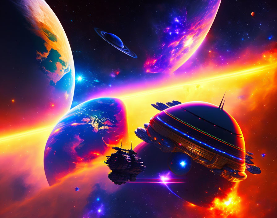 Colorful Space Scene with Planets, Nebula, and Spaceships