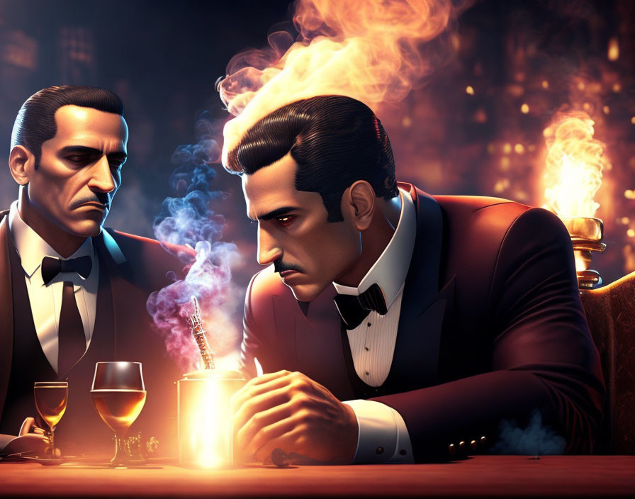 Two animated men in tuxedos at a dimly lit table with drinks