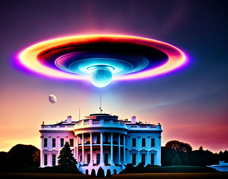 Colorful UFO over White House at dusk with crescent moon in purple-orange sky