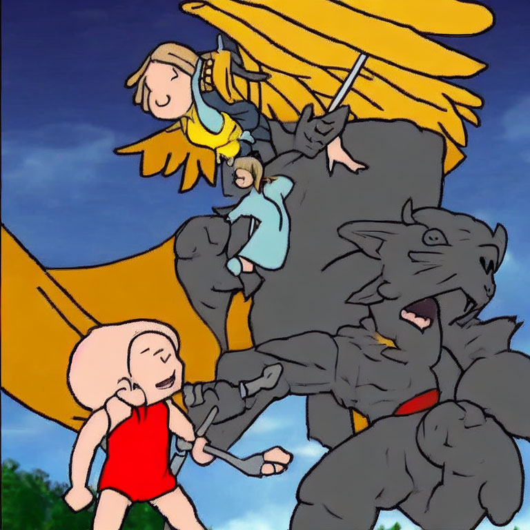 Cartoon image of angel with sword battling dark creature, watched by bald child