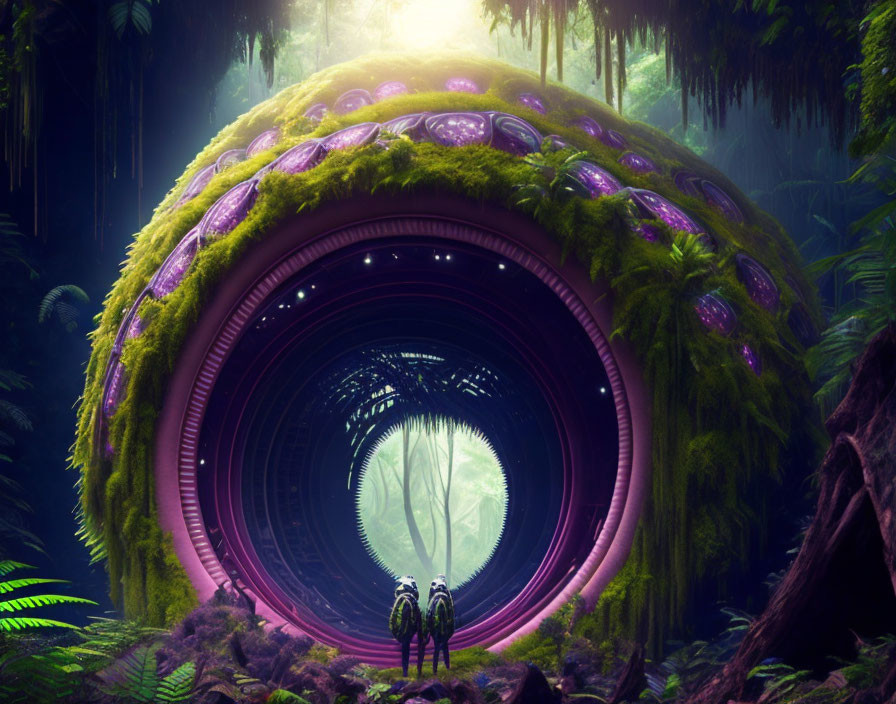 Moss-Covered Dome with Purple Entrance in Ethereal Forest