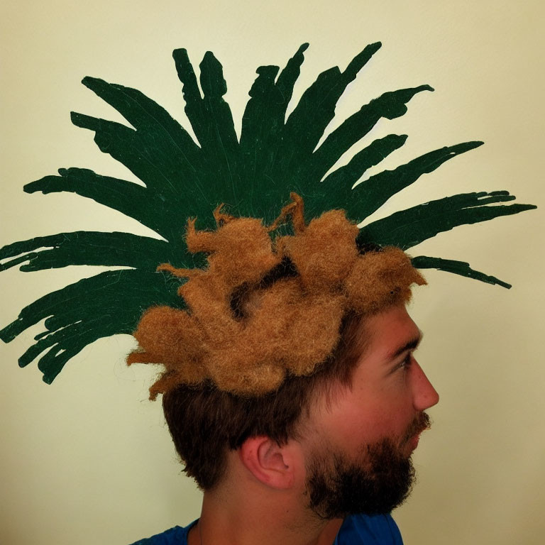 Profile of a person with tree-inspired hairstyle and painted green leaves on wall.