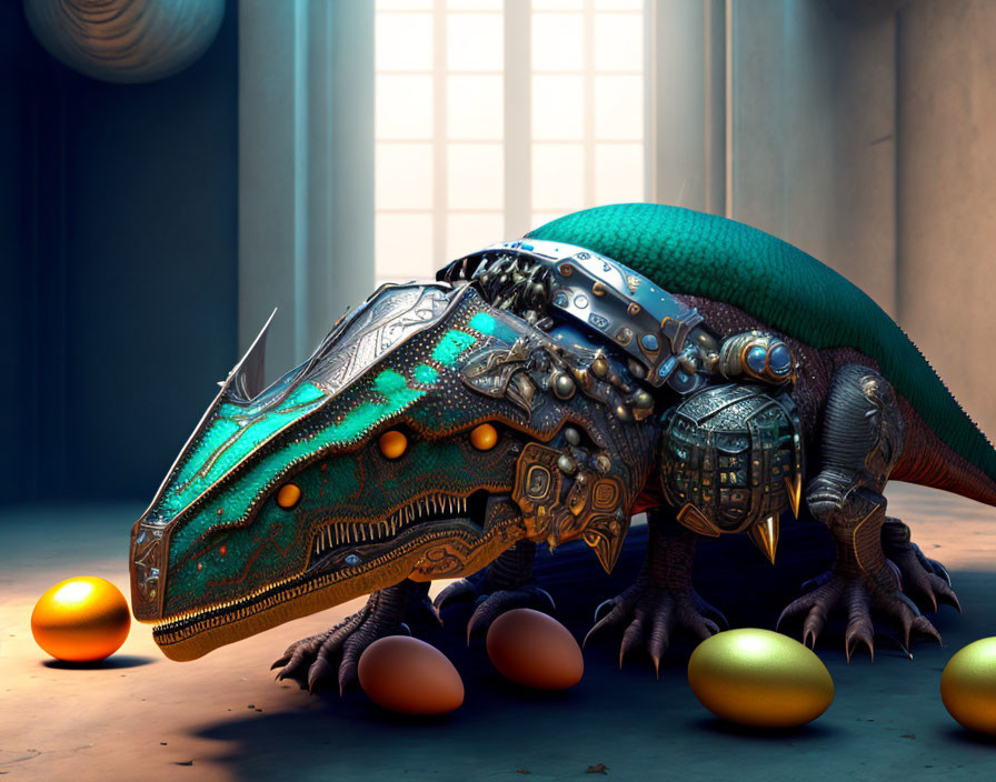 Metallic lizard creature with mechanical parts and colorful eggs in a room with tall windows