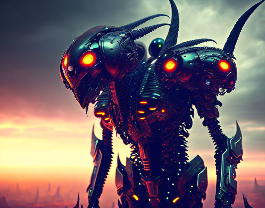 Menacing robotic creature with glowing red eyes against dusky sky