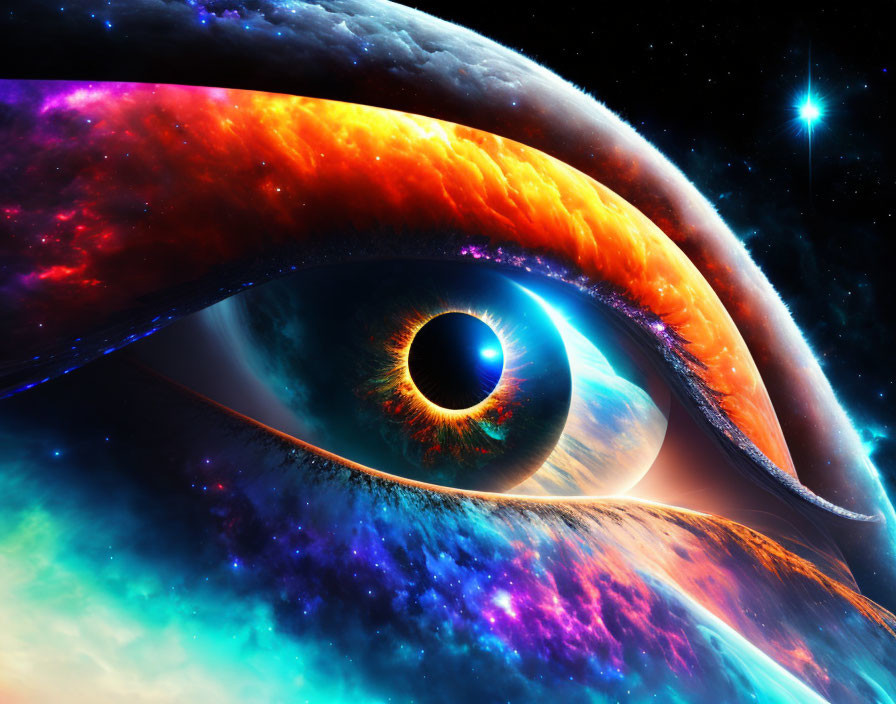 Human eye merged with stars, planets, and nebulas in surreal cosmic blend