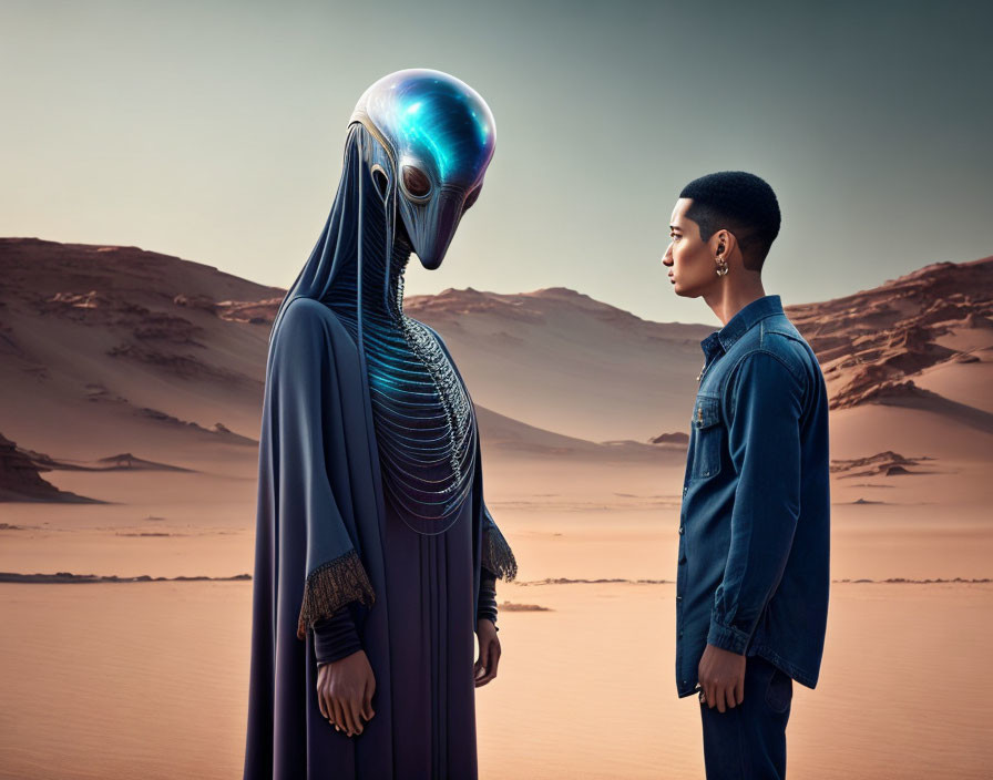 Human encounters alien with reflective head in desert twilight