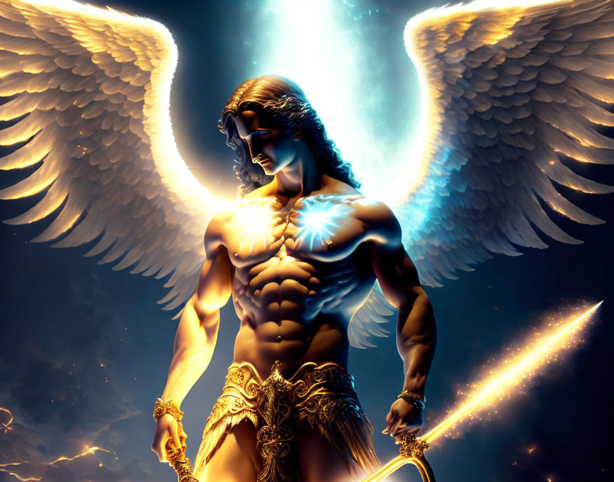 Muscular angelic figure with white wings and golden armor in celestial setting