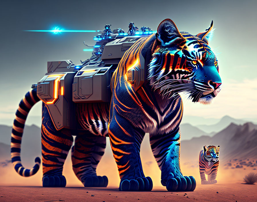 Futuristic armored tiger and smaller companion in desert landscape