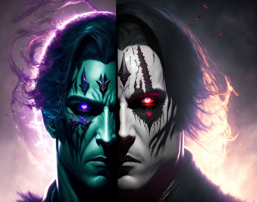 Split image of two fantastical male faces with glowing eyes: one with purple aura, the other with