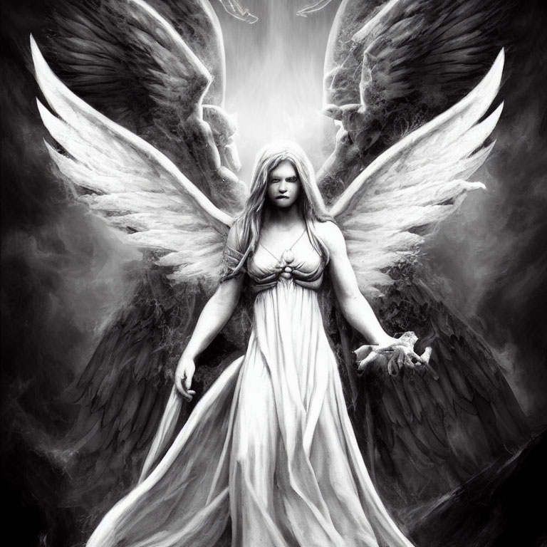 Monochromatic artwork of angelic figure with widespread wings and flowing gown