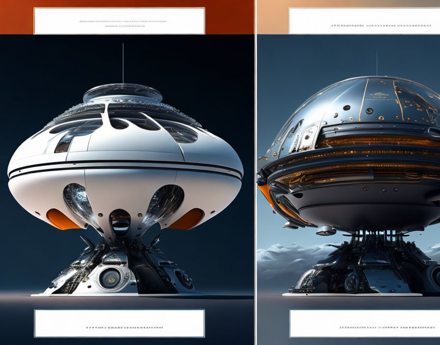 Sleek white and black spaceship with glass dome on orange-blue gradient background