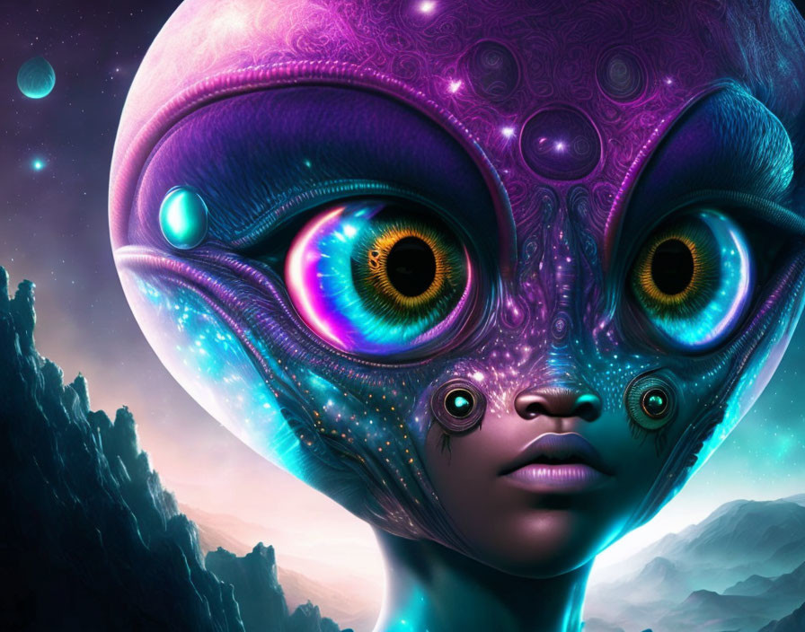 Detailed digital artwork of an alien with expressive eyes and cosmic background