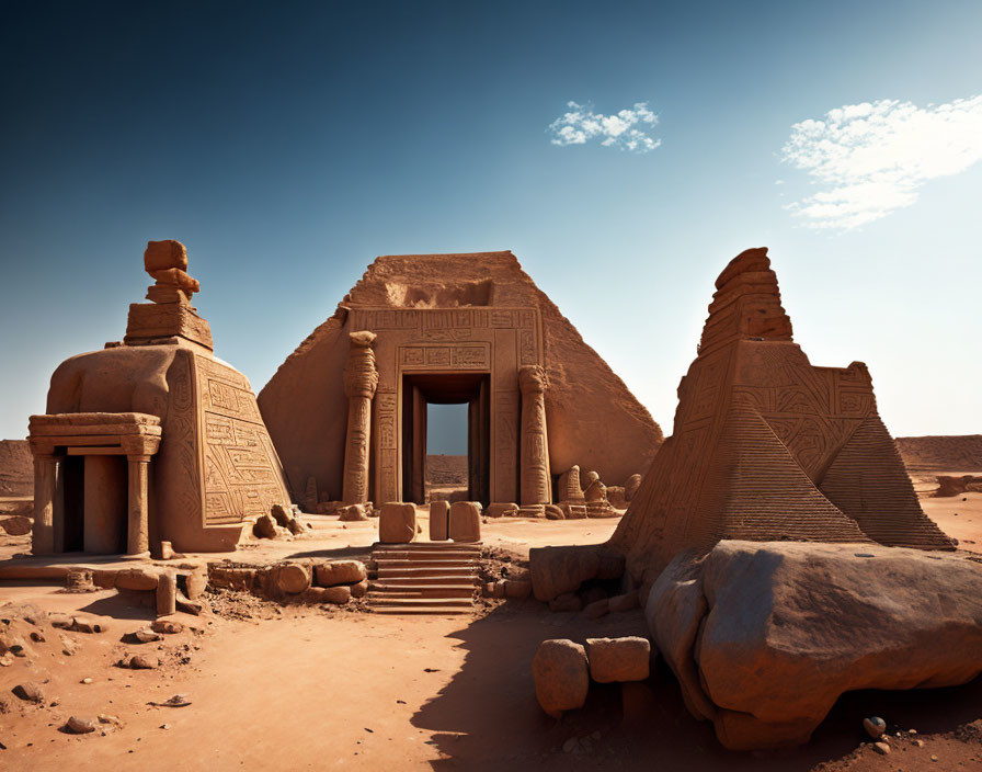 Ancient Nubian pyramid ruins with hieroglyphs in desert landscape