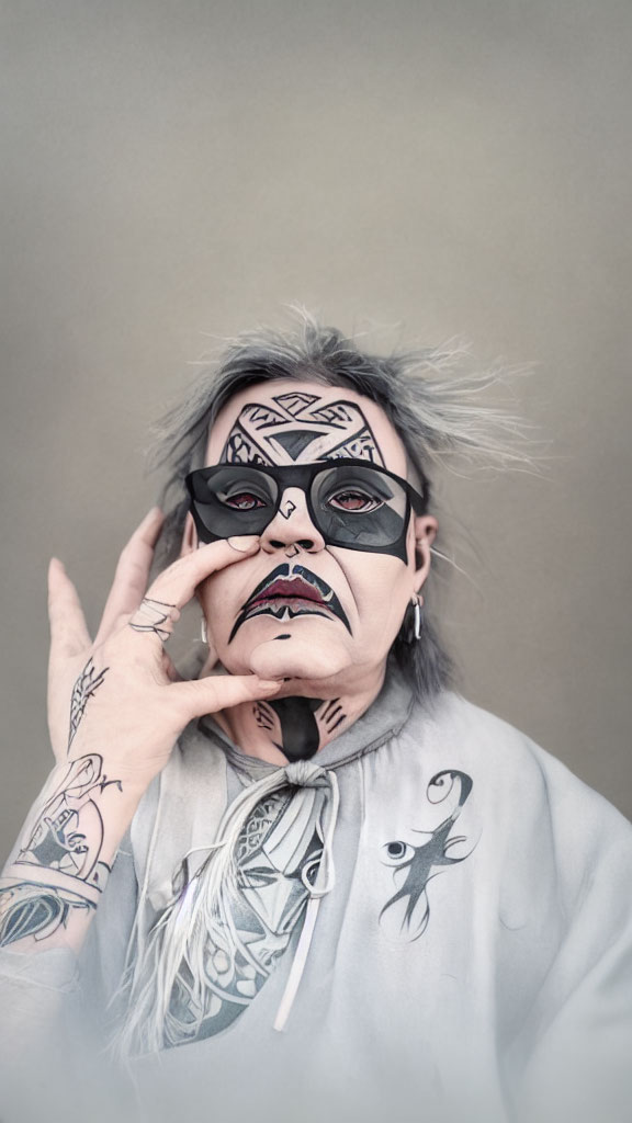 Person with black and white face paint and tattoos displaying matching patterns on hand and face.