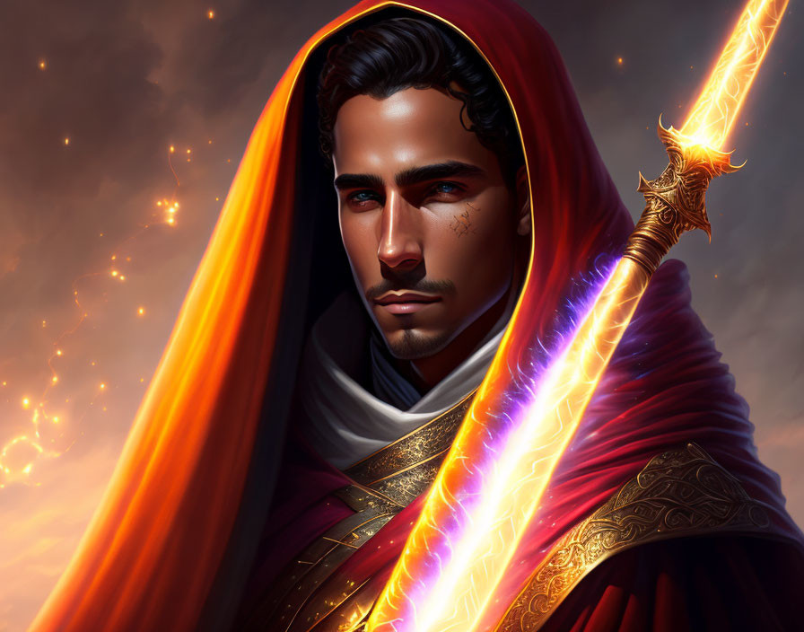 Man in Red Cloak with Glowing Sword and Ember Background