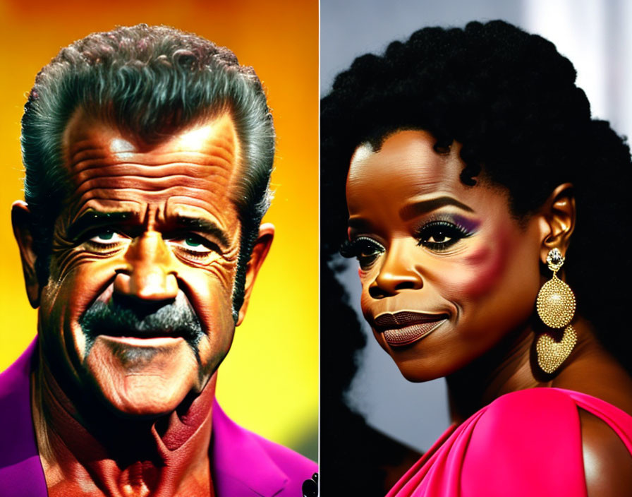 Colorful Digital Artwork: Man with Mustache & Woman with Earrings