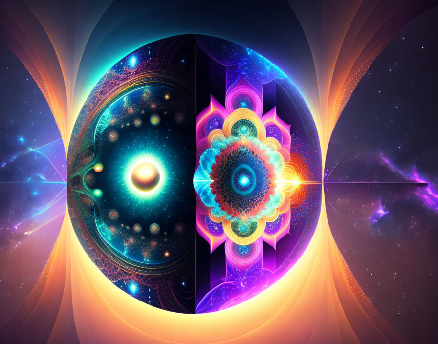 Colorful cosmic digital art with fractal patterns and glowing orb