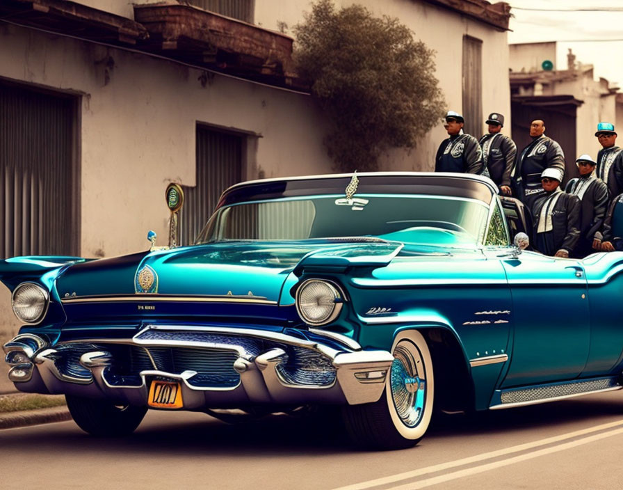 Men with classic blue convertible car in retro style display