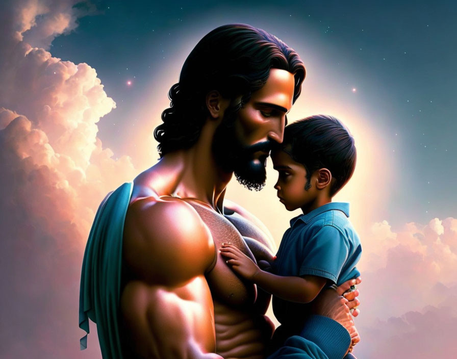 Muscular man and child in tender moment against cloudy backdrop