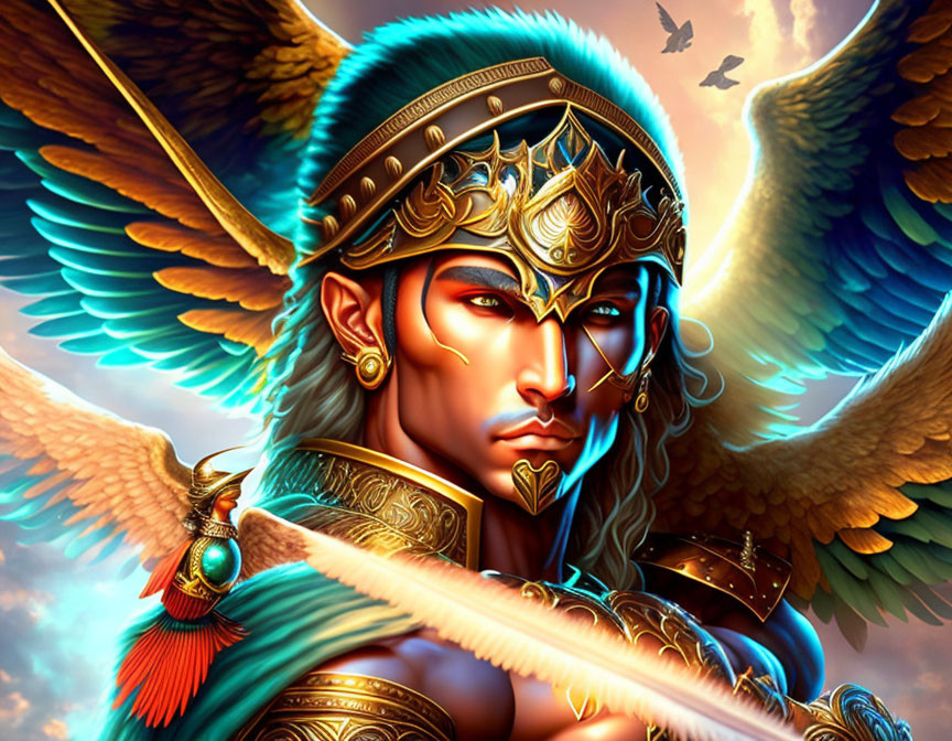 Winged male warrior in golden armor against sky with birds and clouds